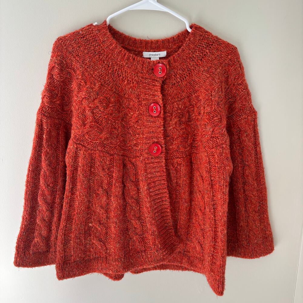 Vintage Women's Cableknit Cardigan Sweater Orange Artsy Fall Boho Prairie Size L